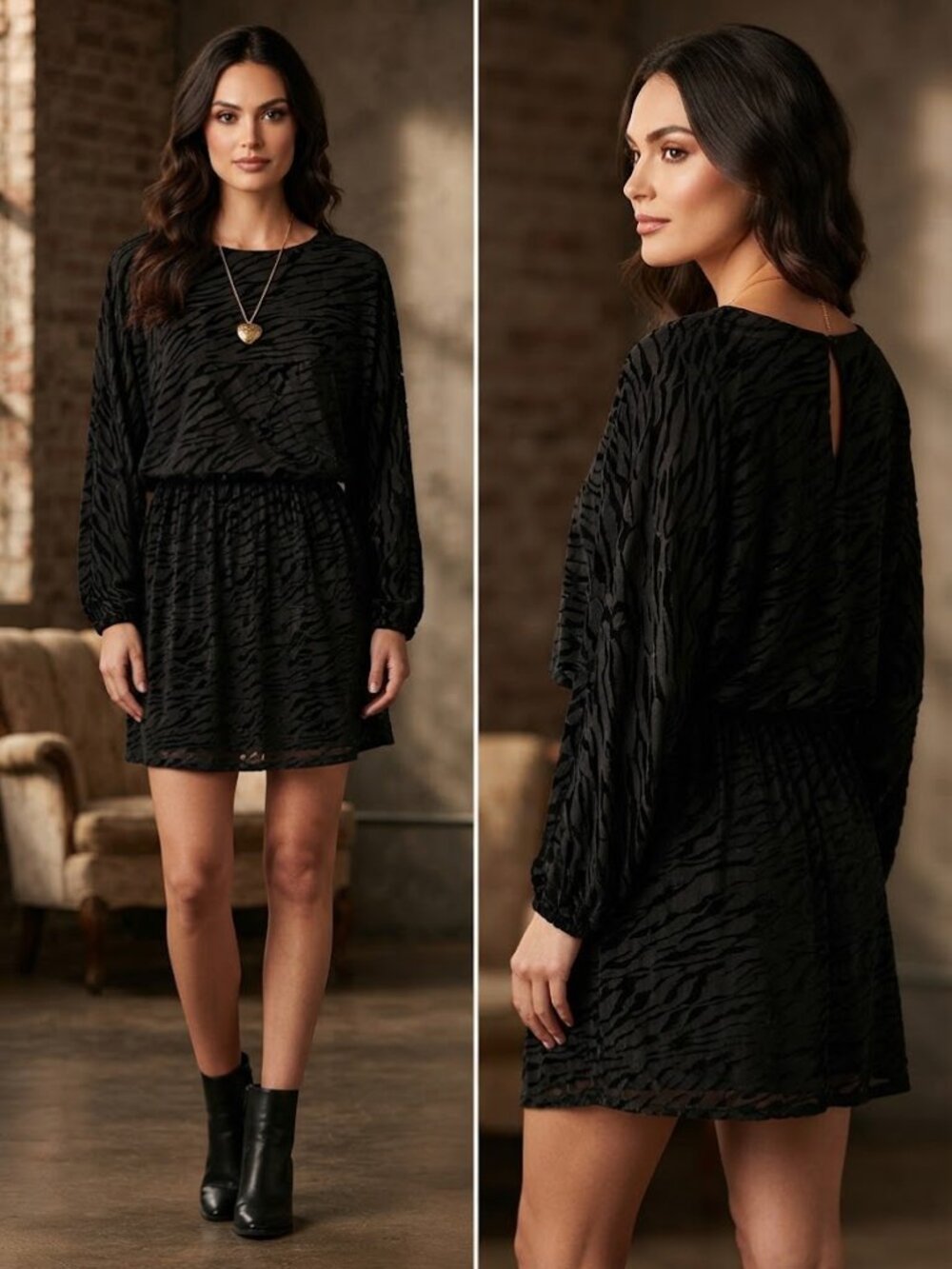 Ariat Black Velvet Burnout Animal Print Sheer Shift Dress 3/4 Sleeve Medium NEW